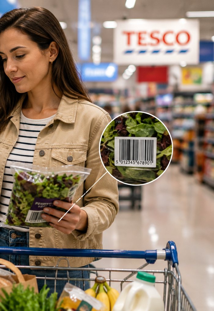 A shopper using her phone while holding a packaged salad in a supermarket