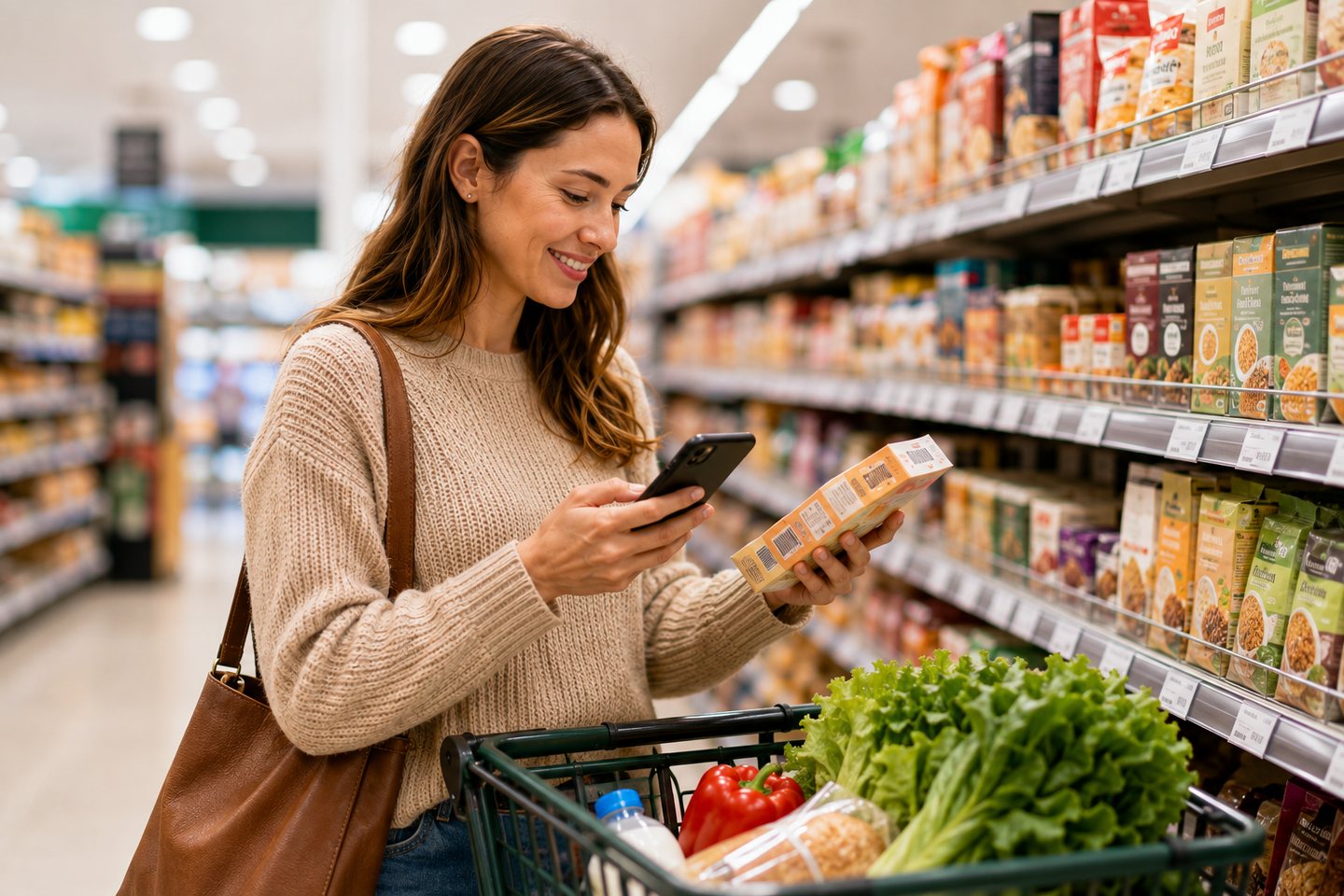 A shopper checking a packaged food product with her phone in a supermarket aisle